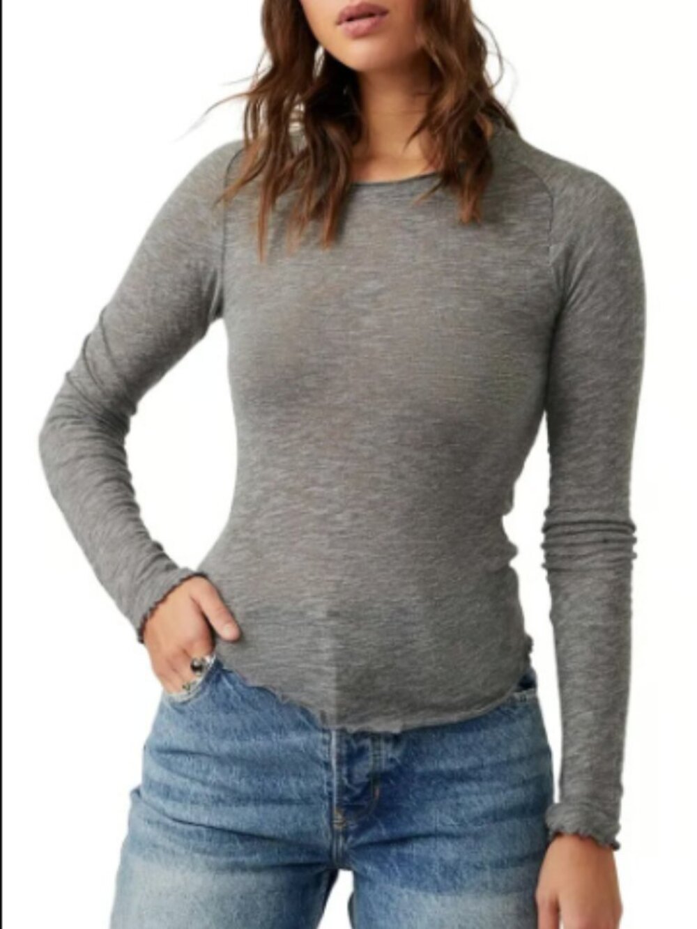 WE THE FREE PEOPLE BE MY BABY LETTUCE TEE HEATHER GRAY LONG SLEEVE NEW M